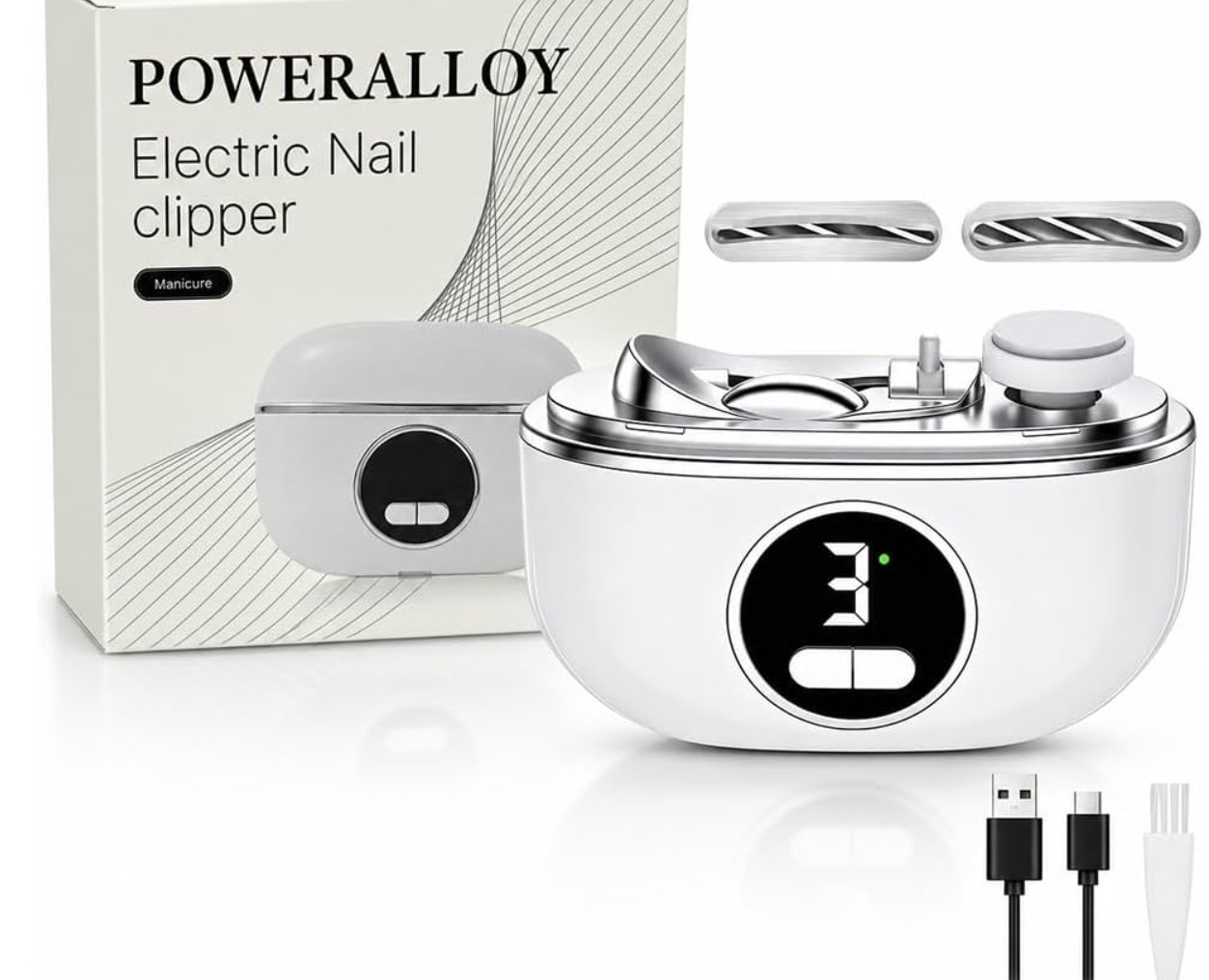 POWERALLOY Electric Nail Clipper with retail packaging, two spare blade heads, USB-C cable and cleaning brush